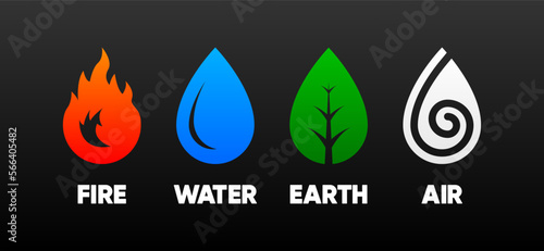 Earth, air, fire and water. Four icons of elements of nature. Symbol design of wind, air, fire, water, earth for app concept. Vector illustration.