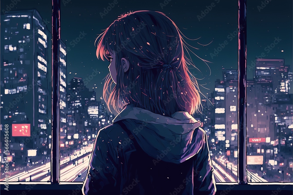 Premium Photo  Cute anime woman looking at the cityscape by night