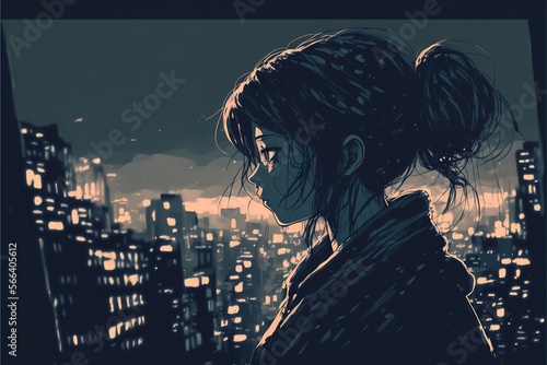 Cute Anime woman looking at the cityscape by night time. A sad, moody. Manga, lofi style. AI © DZMITRY