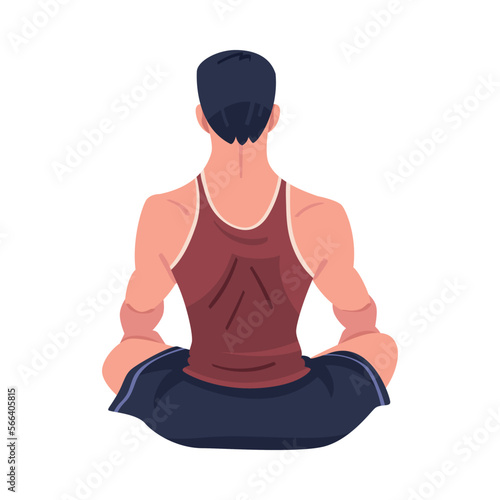 Man Character Doing Meditation Sitting in Lotus Pose Practicing Mindfulness Back View Vector Illustration