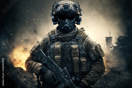 Realistic digital illustration of an elite soldier on the background of military equipment. AI