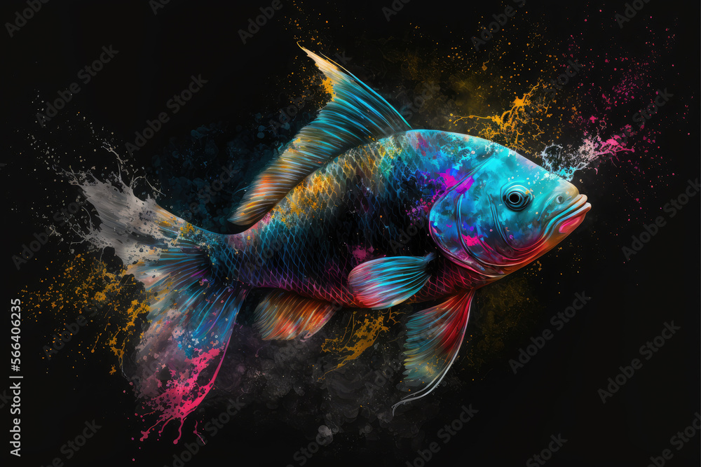 colorful, neon, RGB fish with paint splatters on a black background (generative AI)