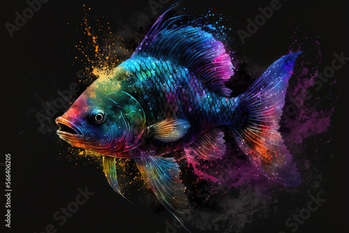 colorful, neon, RGB fish with paint splatters on a black background (generative AI) holi festival
