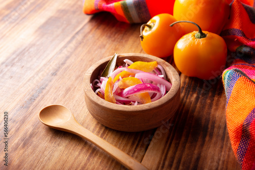 Cebollas Encurtidas. Chopped purple onion with manzano chili and spices, a very popular preparation in Mexico to accompany a wide variety of dishes