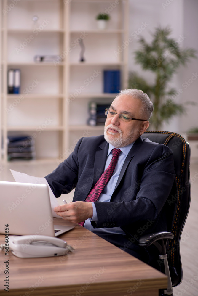 Old male boss working at workplace Old male boss working at workplace