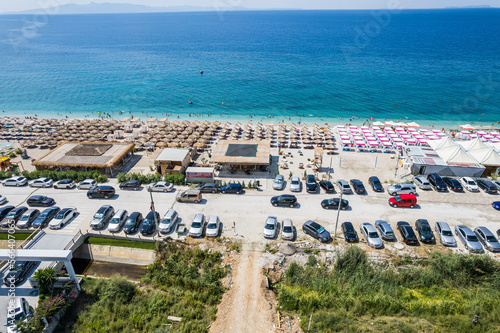 Part of shore of 7 km long beach with turquouise water in village Borsh, Albania in Summer 2022 photo