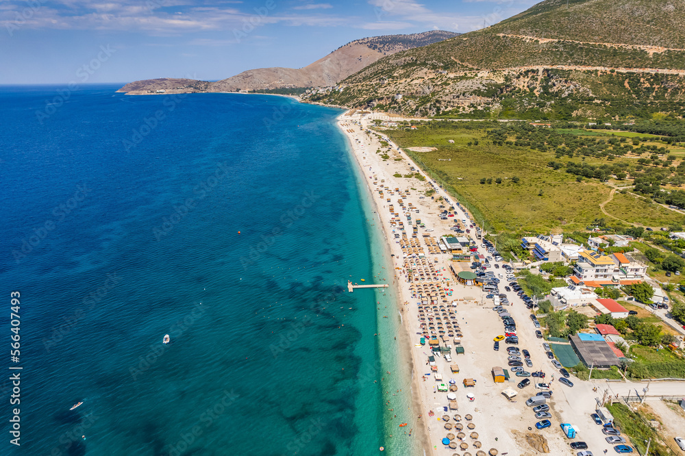 Part of 7 km long beach in village Borsh, Albania in Summer 2022
