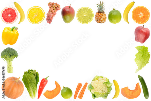 Frame of fresh and healthy vegetables and cut fruits isolated on white