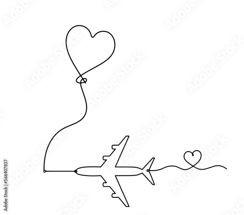 Abstract air balloon and  plane as line drawing on white background