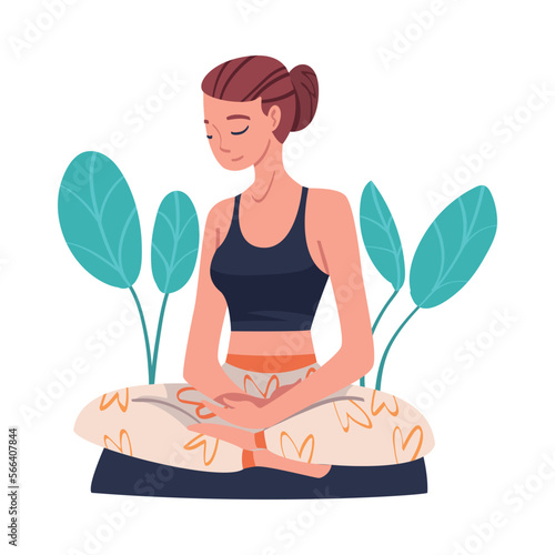 Young Woman with Closed Eyes Doing Meditation Sitting in Lotus Pose on Yoga Mat Practicing Mindfulness Vector Illustration