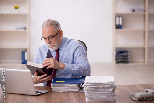 Old male boss reading book at workplace