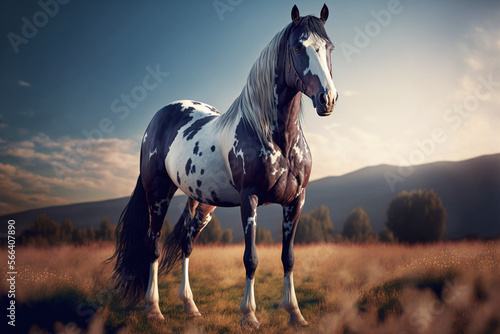 A beautiful skewbald horse standing on a sunny field