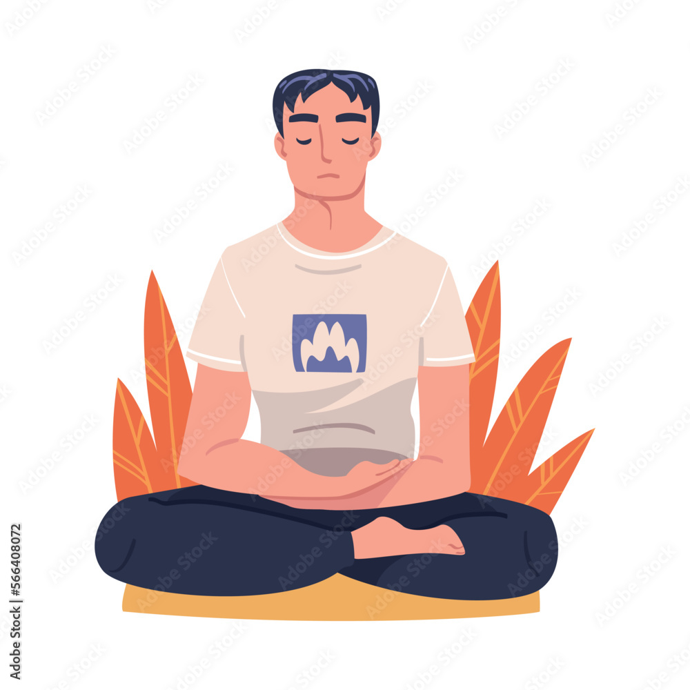 Young Man with Closed Eyes Doing Meditation Sitting in Lotus Pose on Yoga Mat Practicing Mindfulness Vector Illustration