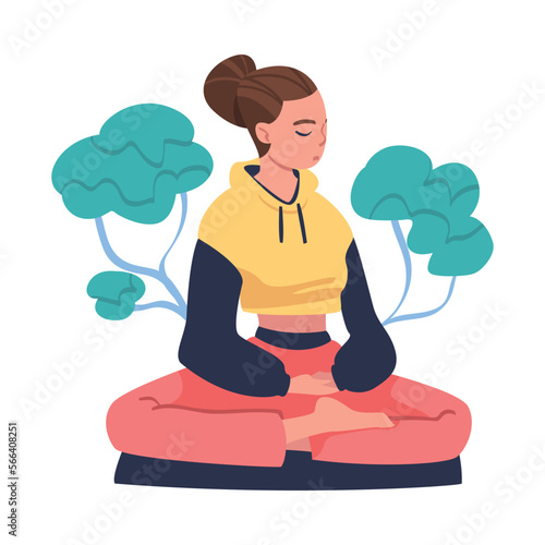 Young Woman with Closed Eyes Doing Meditation Sitting in Lotus Pose on Yoga Mat Practicing Mindfulness Vector Illustration