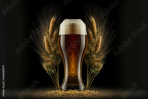 glass of beer with sprigs of malt on the side, generative AI, beer, drink, bar, pub, alcohol