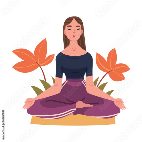 Young Woman with Closed Eyes Doing Meditation Sitting in Lotus Pose on Yoga Mat Practicing Mindfulness Vector Illustration