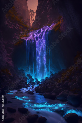 Marvelous waterfall glowing bioluminescent sparkles illustration  Generaive Ai.