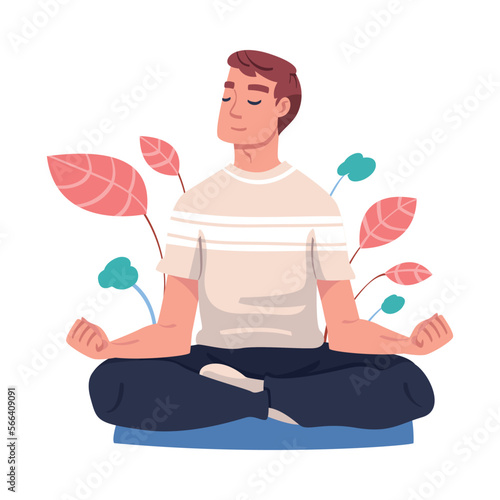 Young Man with Closed Eyes Doing Meditation Sitting in Lotus Pose on Yoga Mat Practicing Mindfulness Vector Illustration
