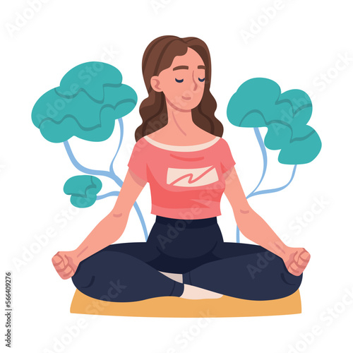 Young Woman with Closed Eyes Doing Meditation Sitting in Lotus Pose on Yoga Mat Practicing Mindfulness Vector Illustration