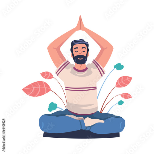 Young Man with Closed Eyes Doing Meditation Sitting in Lotus Pose on Yoga Mat Practicing Mindfulness Vector Illustration