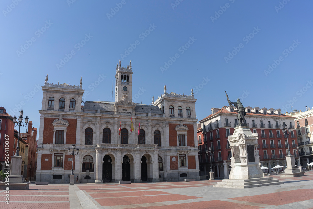Large and spacious town hall in Valladolid's main square with blue sky, Castilla y León, Spain