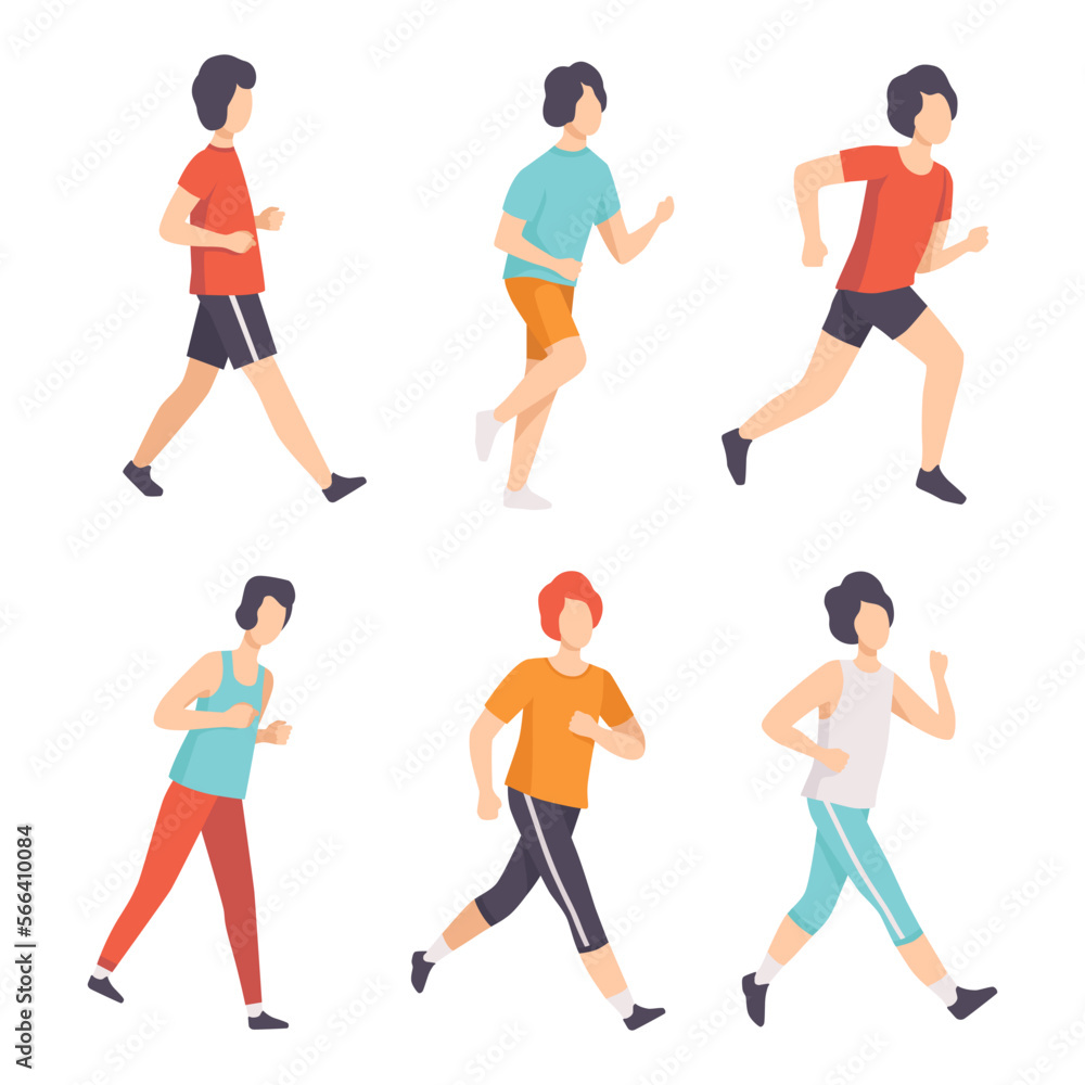 Man Runner in Sportive Clothes Running and Jogging Engaged in Sport Activity Vector Set