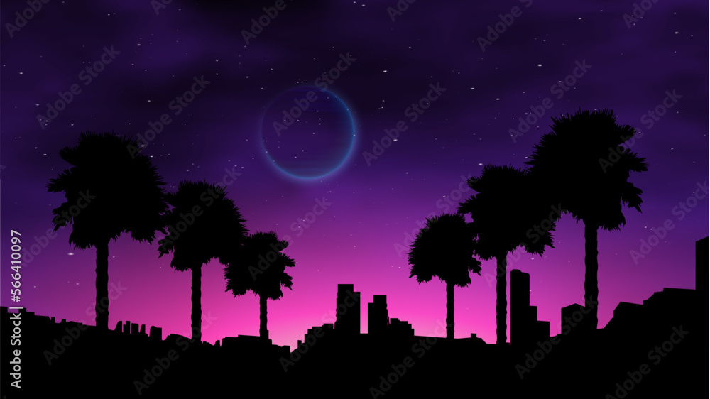 Fototapeta premium Waporwave retro sunset with palms on the beach. Neon landscape futuristic galaxy background.