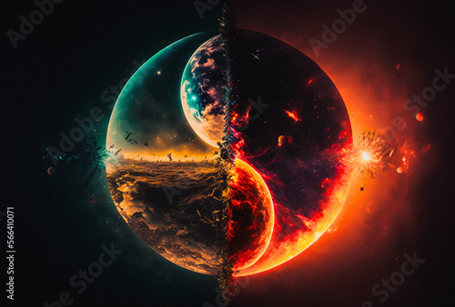 Fototapeta Naklejka Na Ścianę i Meble -  Earth planet divided  in parts surrounded with fire and glowing atmosphere - generative AI