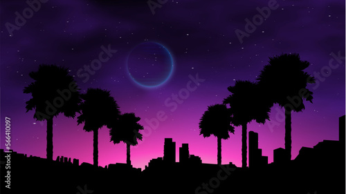 Waporwave retro sunset with palms on the beach. Neon landscape futuristic galaxy background.
