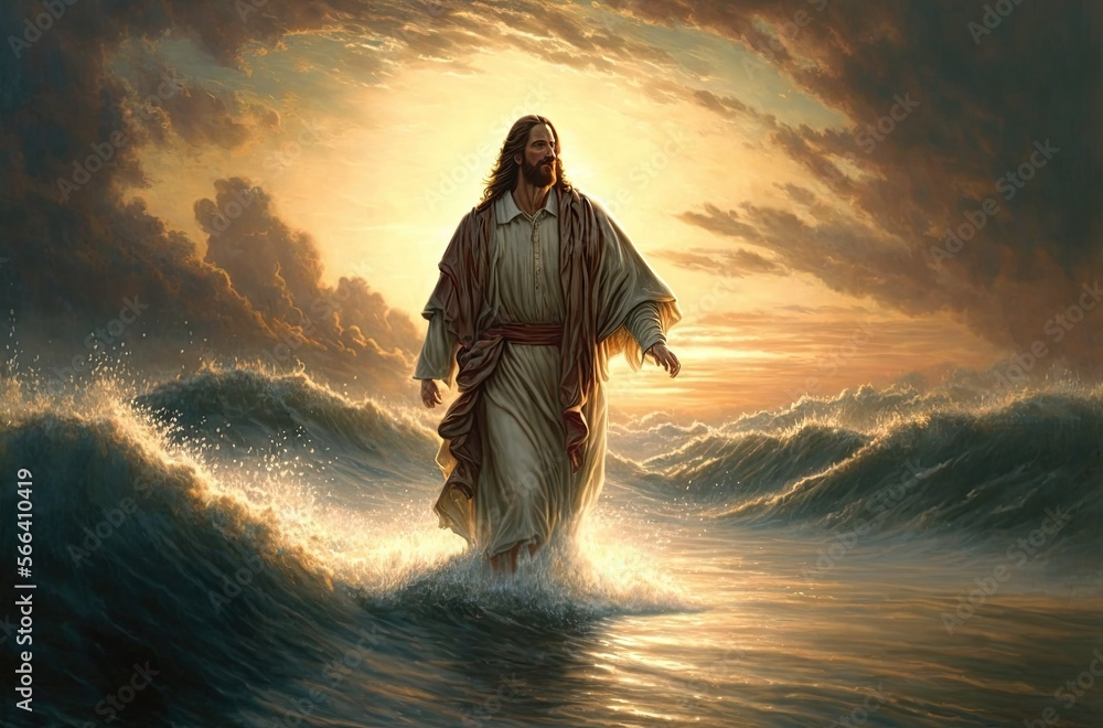 An illustration of Jesus walking on the sea. AI generated art. Stock