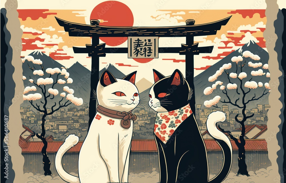 A cartoon of two cats in Japan. AI generated art. Stock Illustration