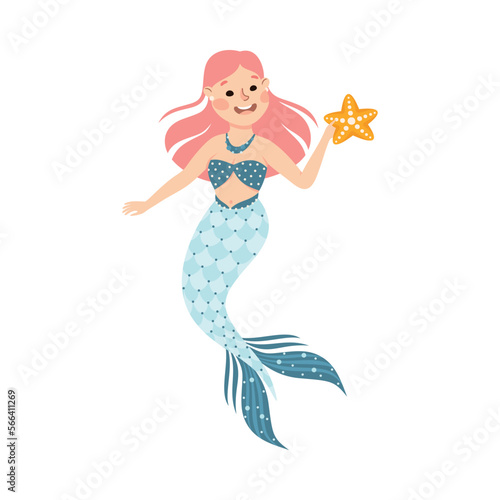 Mermaid with Wavy Pink Hair Floating Underwater with Starfish Vector Illustration
