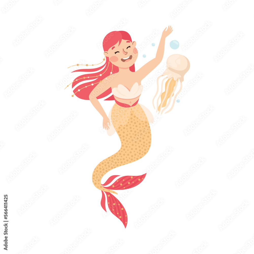 Obraz premium Mermaid with Wavy Red Hair Floating Underwater with Jellyfish Vector Illustration