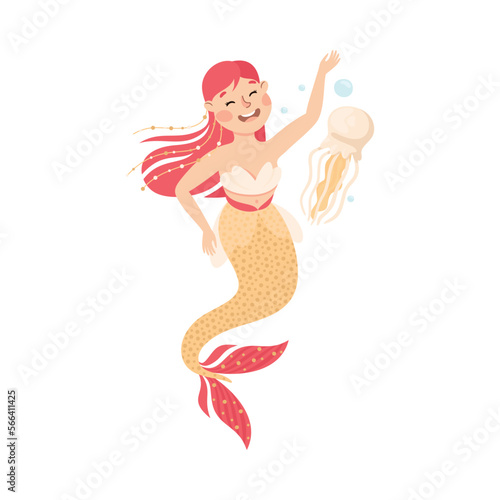 Mermaid with Wavy Red Hair Floating Underwater with Jellyfish Vector Illustration