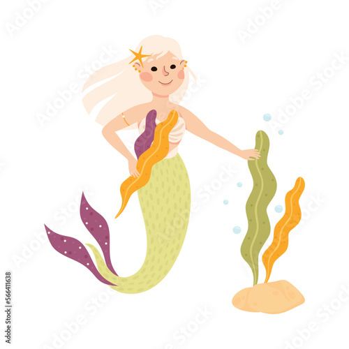 Mermaid with Wavy Hair Floating Underwater with Algae Vector Illustration