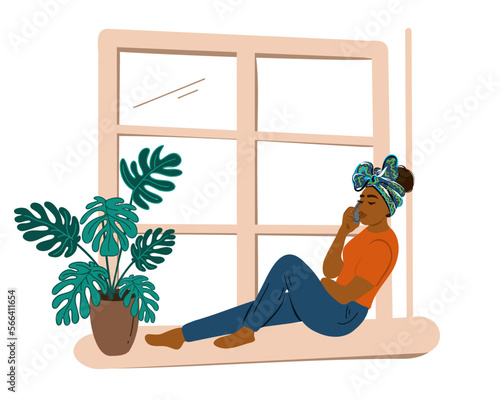 Young African American woman sitting on the windowsill and talking on the phone. Flat vector illustration