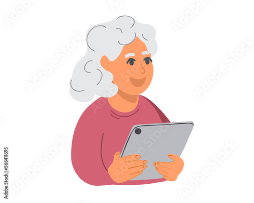 Elderly woman is sitting with a tablet. Flat vector illustration