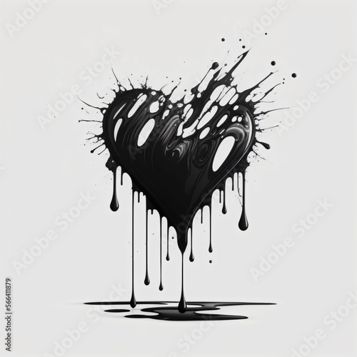 Black heart shape dripping in black ink, generative ai