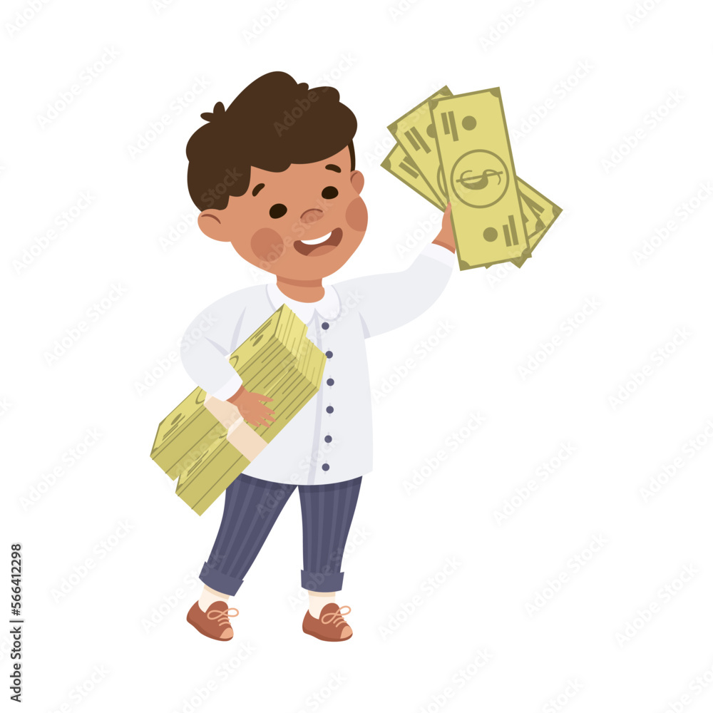 Happy Rich Boy Millionaire Holding Pile of Dollar Banknote Vector Illustration Happy Rich Boy Millionaire Holding Pile of Dollar Banknote Vector Illustration