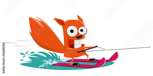 funny illustration of a water-skiing cartoon squirrel