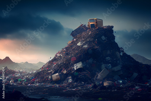 Landfill with solid household waste, AI Generative Illustration. Garbage dump with waste plastic and polyethylene. Ecology, Environmental pollution. Pile of garbage on the planet mars. Garbage Heap.