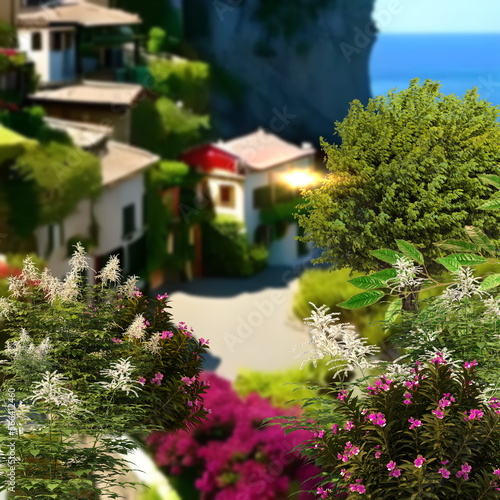  italy landscape old house and flowers in garden at sunset on horizon mountains generated ai