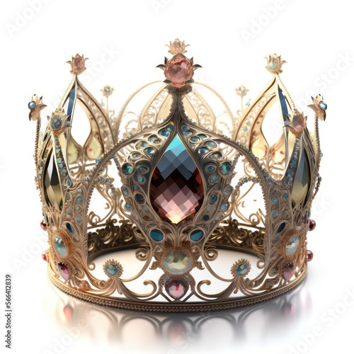 Detailed illustration of an ornate jewelled royal monarch crown isolated on a white background, generative ai