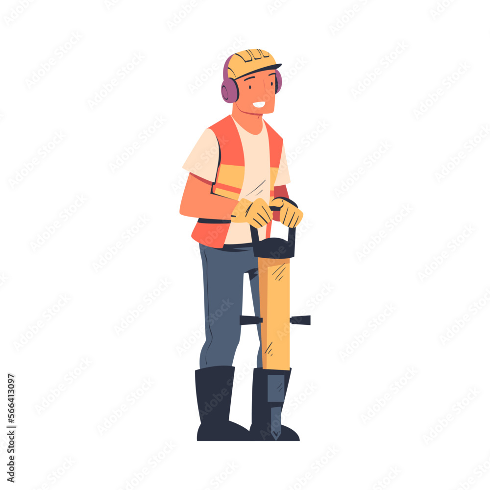Road Worker in Hard Hat and Orange Vest with Jackhammer Repairing Street Infrastructure Vector Illustration Road Worker in Hard Hat and Orange Vest with Jackhammer Repairing Street Infrastructure Vector Illustration