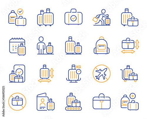 Baggage line icons. Travel bag size, Check weight and Backpack set. Airport luggage belt, handbag dimensions and baggage claim line icons. Check bag size, allowed luggage and briefcase. Vector