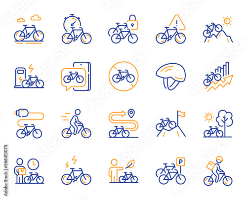 Bicycle line icons. Mountain bike, Travel bicycle and Electric transport set. City delivery, safety helmet and rent a bike line icons. Mountain sport, road transport and cyclist protection. Vector