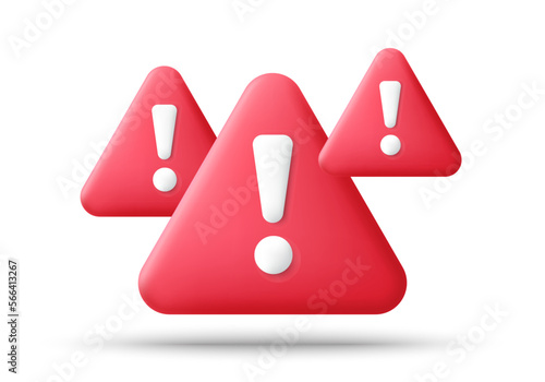 Red danger warning triangle 3d icon. Alert, caution or emergency notification symbol. Danger hazard notification. Caution alert notice, triangle warning reminder and emergency attention. Vector