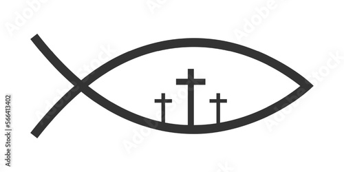 Jesus fish Bible symbol with three crucifixions isolated on white background. Ichthys icon. Secret shibboleth in Christian religion. Vector graphic illustration