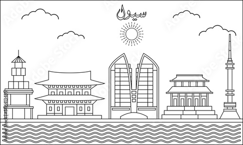 Seoul skyline with line art style vector illustration. Modern city design vector. Arabic translate : Seoul