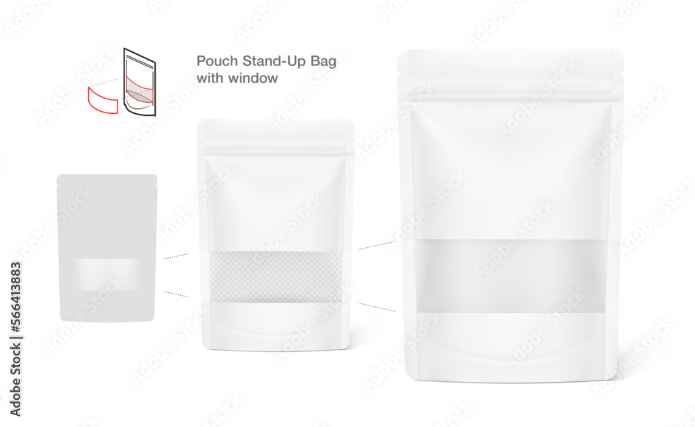 Pouch bags with transparent window mockups on white background. With